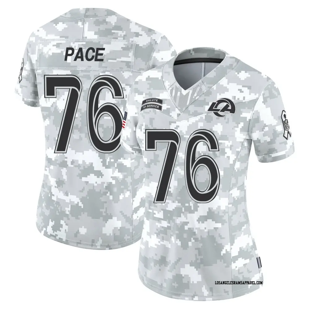 Limited Arctic Camo Women's Orlando Pace Los Angeles Rams 2024 Salute to Service Jersey